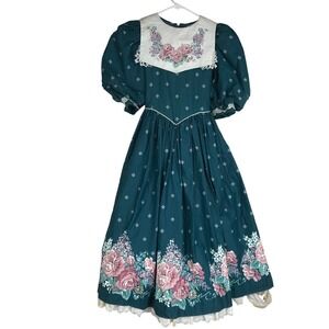 Daisy Kingdom Teal Floral Puff Sleeve Prairie Dress Girls Size 12